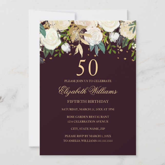50.º cumpleaños Borgoña Invitación floral de oro (Anverso)