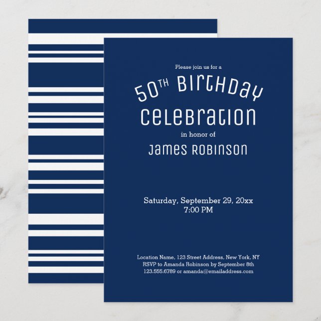50.º cumpleaños Invitación a franjas azules de la  (Anverso / Reverso)