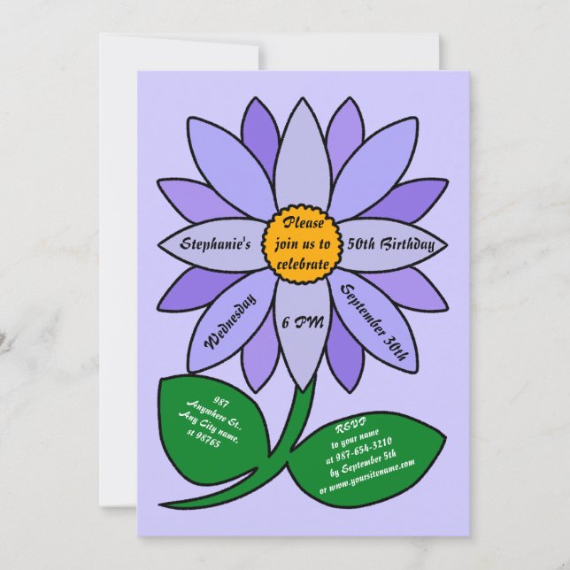 50.º cumpleaños Invitación al girasol púrpura simp (Anverso)