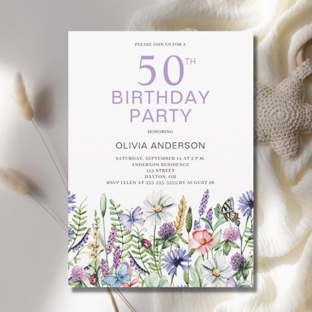 50.º cumpleaños Invitación Botánica Morada Floral (Subido por el creador)