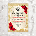 50.º cumpleaños - Invitación de Rosas de bandas de<br><div class="desc">50.ª Invitación de cumpleaños. Diseño elegante en oro y rojo. Presenta franjas de oro purpurina falsas,  letra de guión elegante de rosas rojas y confeti. Perfecto para una fiesta de cumpleaños glam.</div>