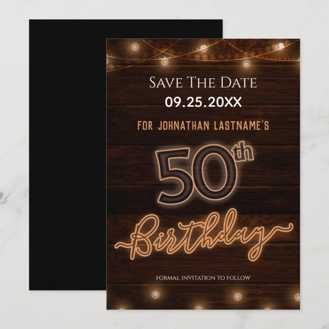 50.º cumpleaños Neon Guardar la invitación de fech (Anverso / Reverso)