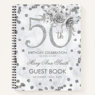 50.º libro de cumpleaños Marble de glam plateado