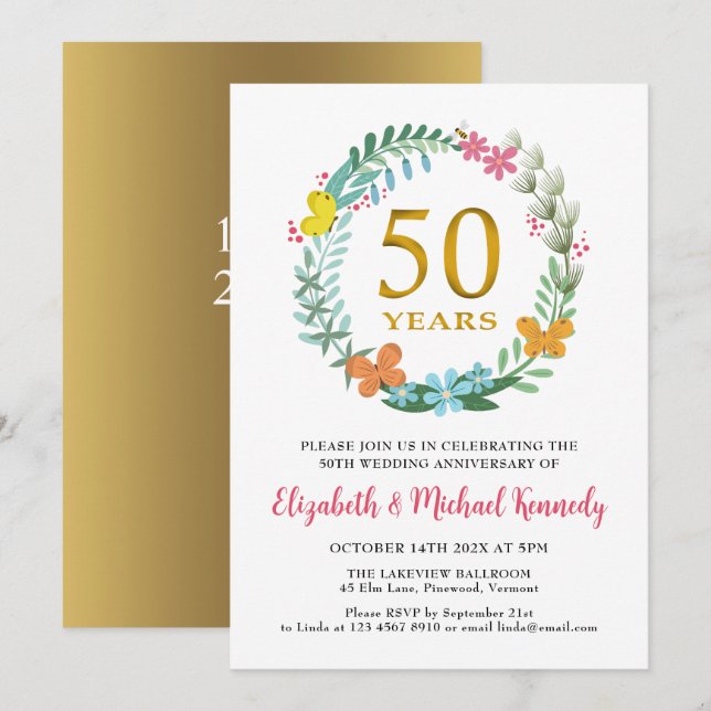 50° Aniversario Invitación a la corona floral dora (Anverso / Reverso)