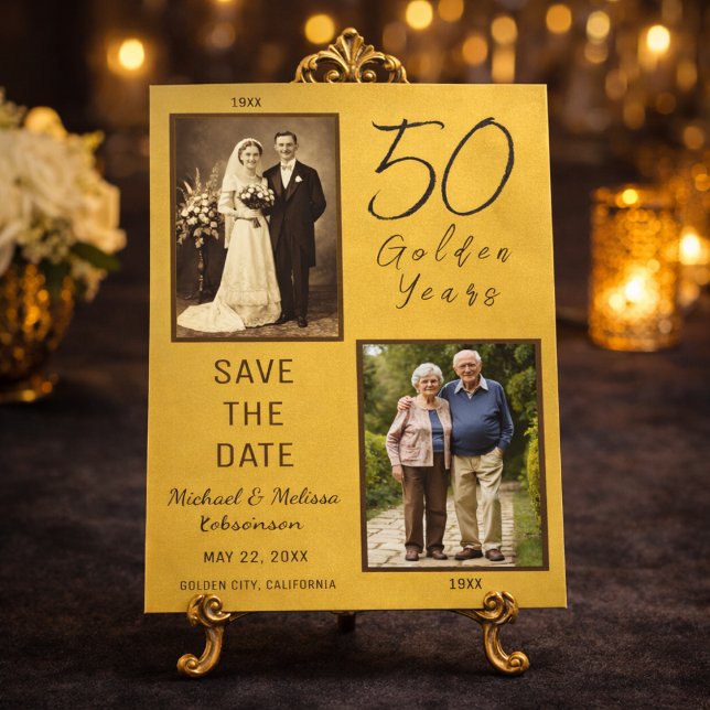 50 Años Dorados Guarde la Fecha Tarjeta Magnética  (Elegant gold 50th anniversary save the date displayed on luxury easel)