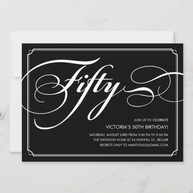 50.as invitaciones elegantes negras del cumpleaños (Anverso)