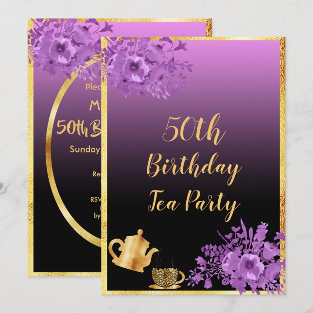 50 cumpleaños invitación a fiesta de té morado neg (Anverso / Reverso)