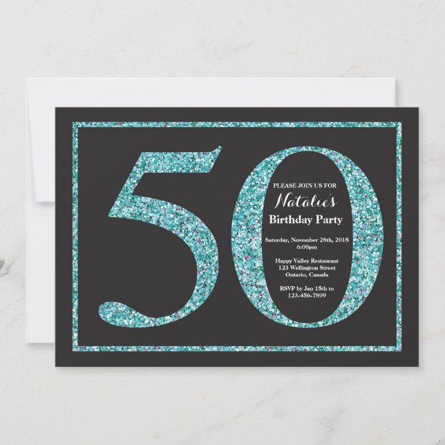 50 cumpleaños Invitación Verde azulada Purpurina C (Anverso)