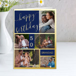 50 cumpleaños o cualquier edad 5 Foto Azul y Oro<br><div class="desc">Tarjeta de cumpleaños de lujo de Relieve metalizado dorado que puedes personalizar con un nombre, cualquier edad y 5 fotos en la parte delantera, así como un saludo de cumpleaños personalizado en el interior. La plantilla de fotos se configura para crear automáticamente un collage de fotos de retrato vertical, horizontal...</div>