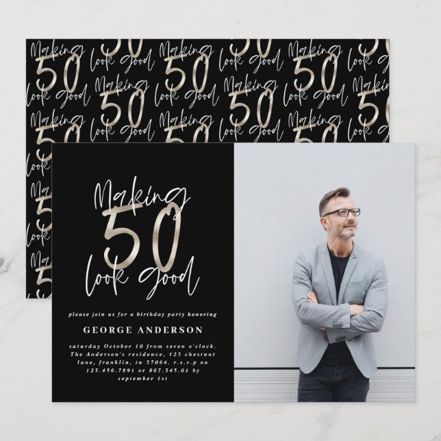 50 cumpleaños plata negra elegante moderno (Anverso / Reverso)
