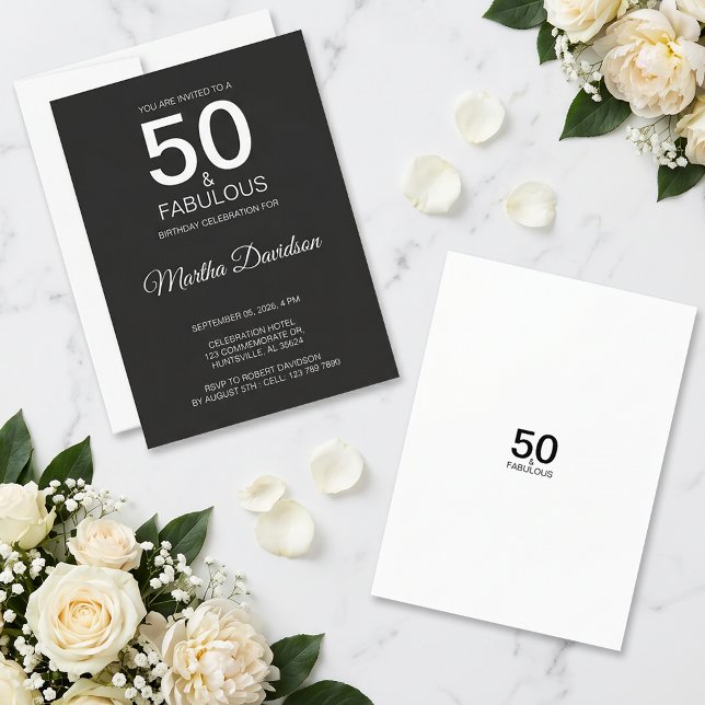 50 & Fabuloso Invitación Elegante Negra (50 & Fabulous Black Elegant Invite)