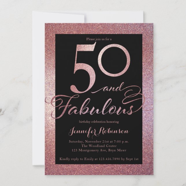 50 Fabuloso Rosa Purpurina de Oro Invitación a fie (Anverso)