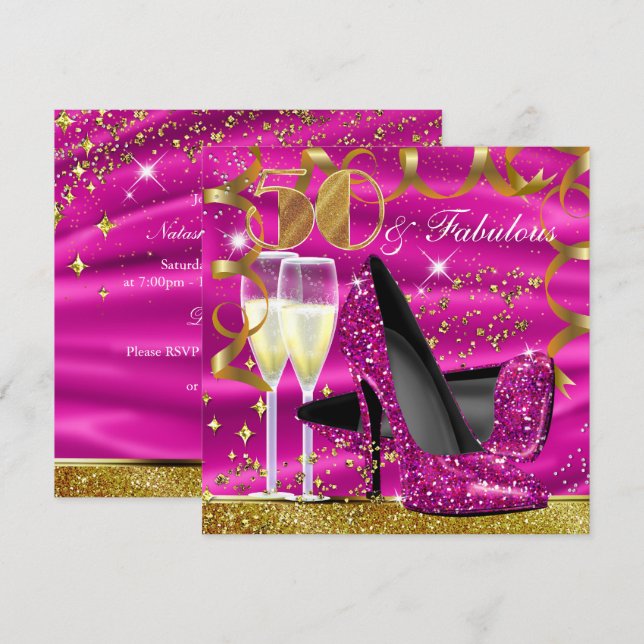 50 Invitación de cumpleaños fabulosa con brillo ro (Anverso / Reverso)