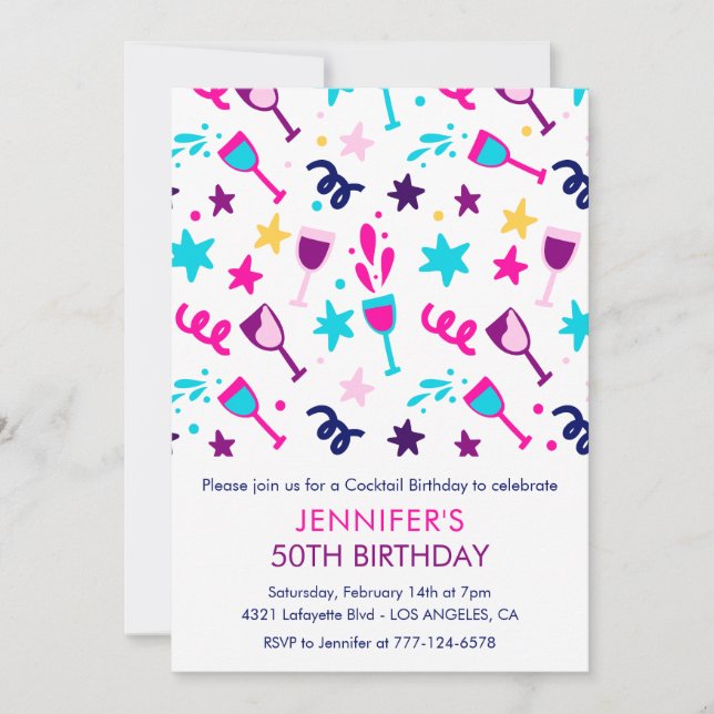 50 invitaciones de cumpleaños Cocktail Modern Pink (Anverso)