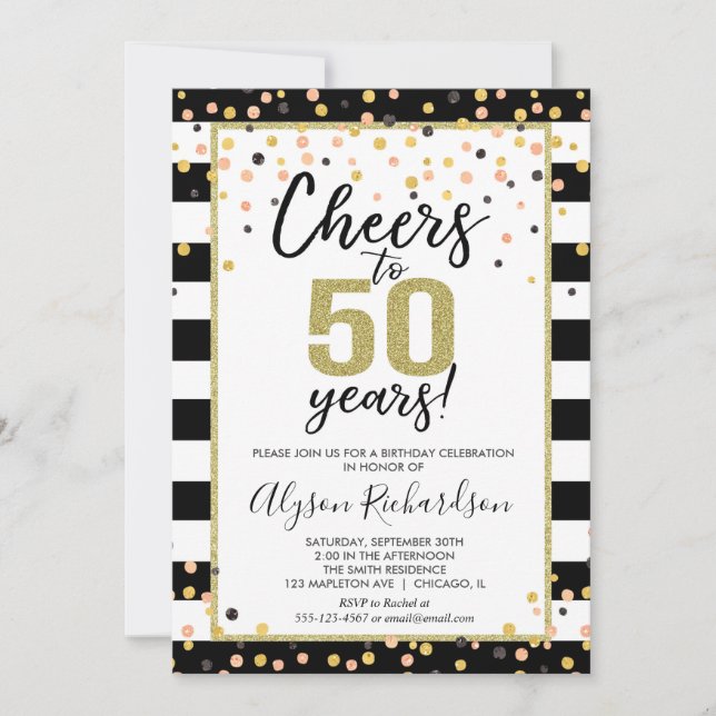 50 invitaciones de cumpleaños, confetti negro y do (Anverso)