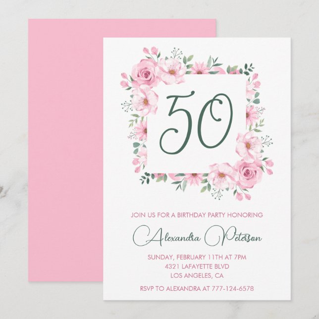 50 invitaciones de cumpleaños Floral Elegant Pink (Anverso / Reverso)
