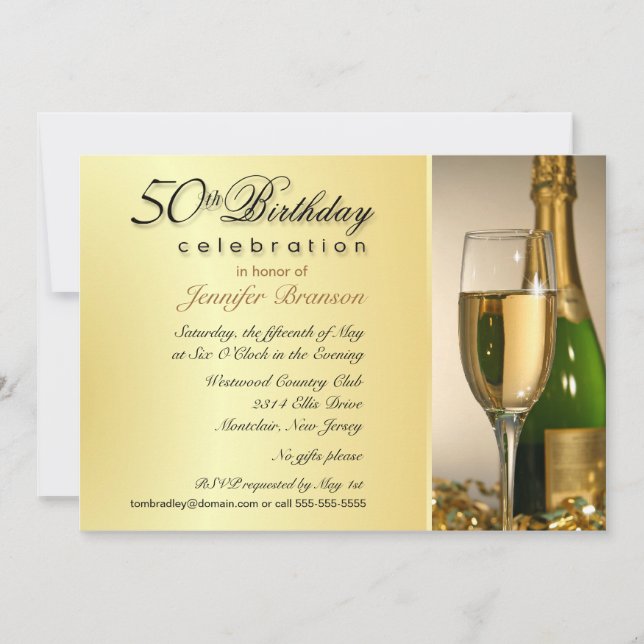 50.o Invitaciones de la fiesta de cumpleaños - oro (Anverso)