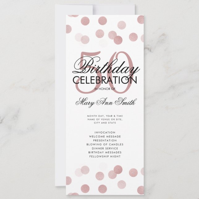 50 Programa de Cumpleaños Rosa Menú Confetti Gold (Anverso)
