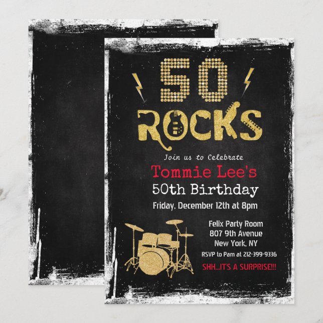 50 Rocks Rockstar Guitar 50 cumpleaños invitación (Anverso / Reverso)