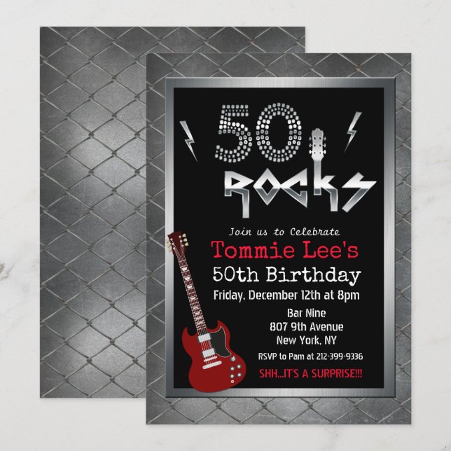50 Rocks Rockstar Guitar 50 cumpleaños invitación (Anverso / Reverso)