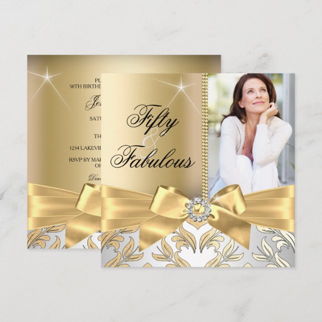 50 y Fabulosa Hoja de Oro y Invitación de 50 cumpl (Anverso / Reverso)