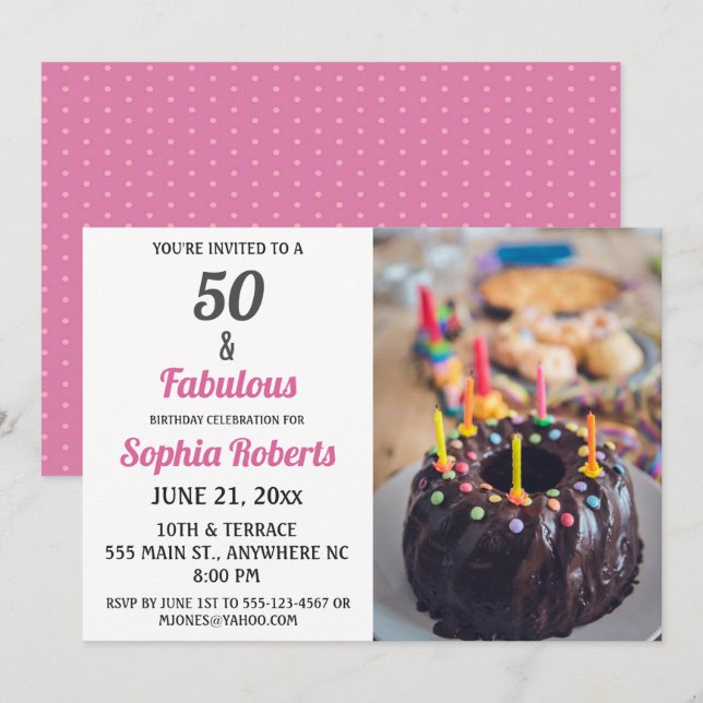 50 y fabulosa invitación a los 50 años rosados (Anverso / Reverso)