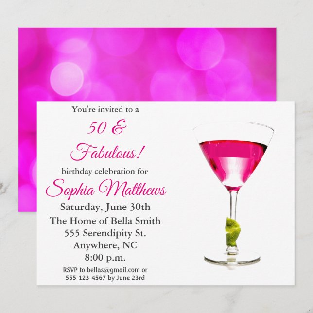 50 y fabulosa invitación a los 50 años rosados (Anverso / Reverso)