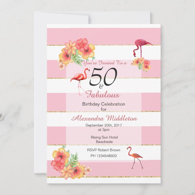 50 y fabulosa invitación al cumpleaños rosado trop (Anverso)
