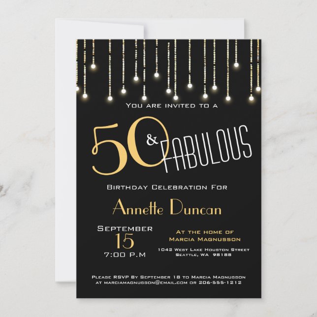 50 y fabulosa invitación al Glam Black Gold Lights (Anverso)