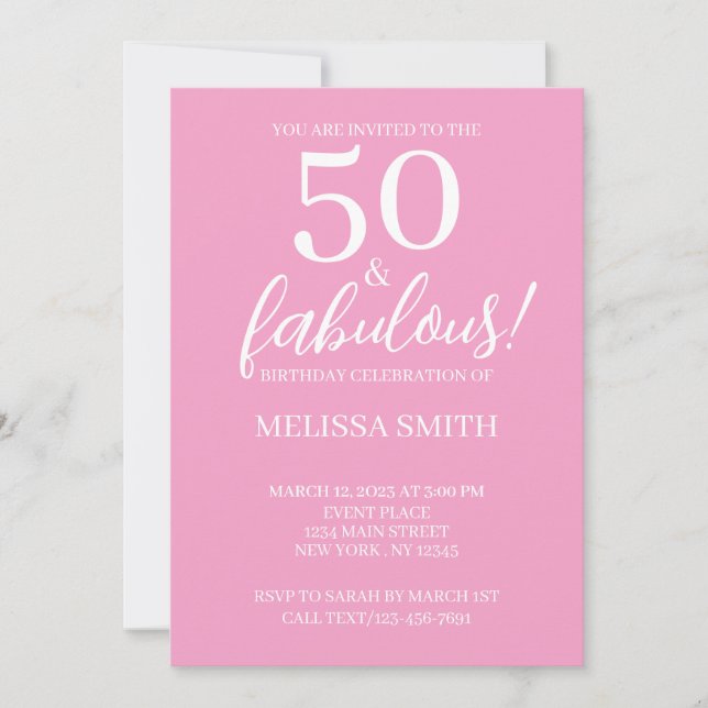 50 y fabulosa invitación de 50 años rosado (Anverso)
