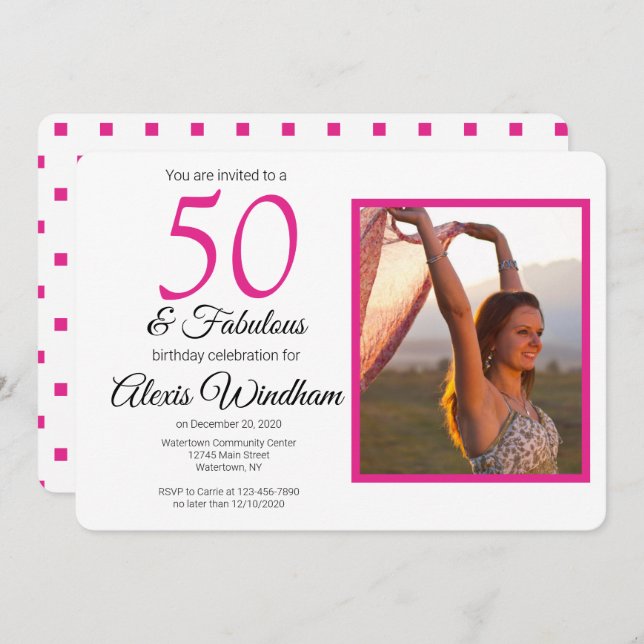 50 y fabulosa invitación de cumpleaños con foto (Anverso / Reverso)