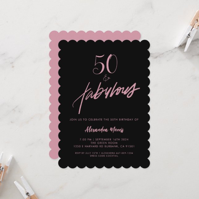 50 y fabulosa invitación de cumpleaños negro y ros (Anverso/Reverso In Situ)