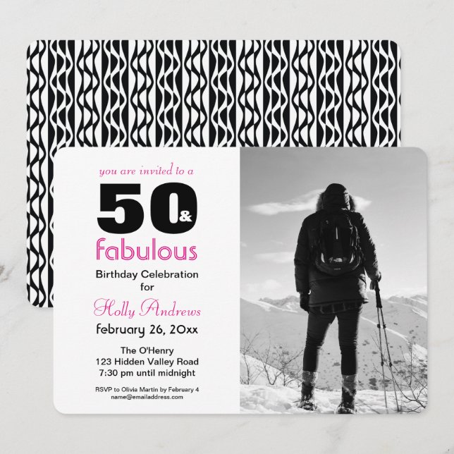 50 y fabulosa invitación de fiesta con foto de B&W (Anverso / Reverso)
