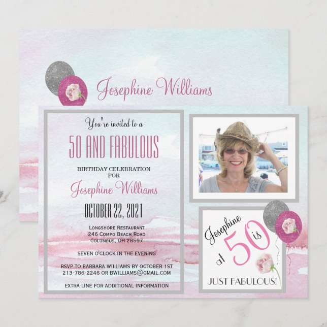 50 y fabulosa invitación de fiesta rosada (Anverso / Reverso)