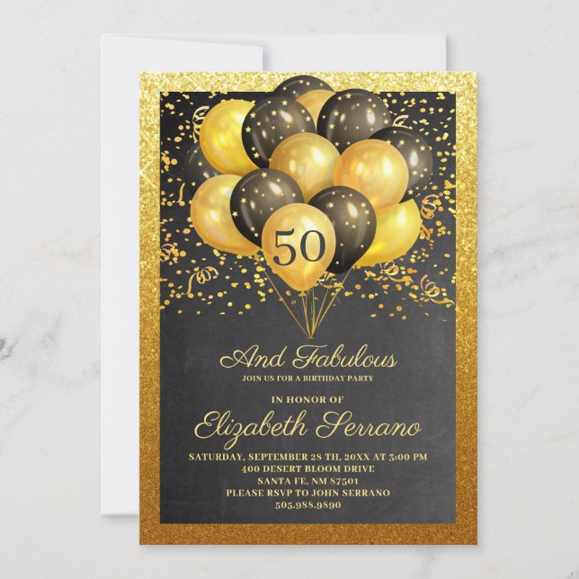 50 Y Fabulosa Invitación De Purpurina Negro De Oro (Anverso)