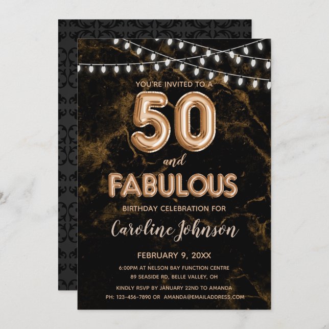 50 y fabulosas invitaciones de cumpleaños con glob (Anverso / Reverso)