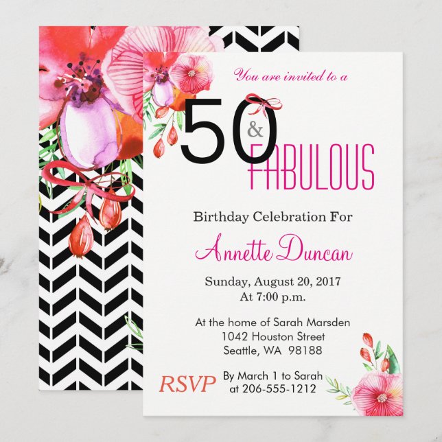 50 y Fabuloso 50 cumpleaños invitación (Anverso / Reverso)