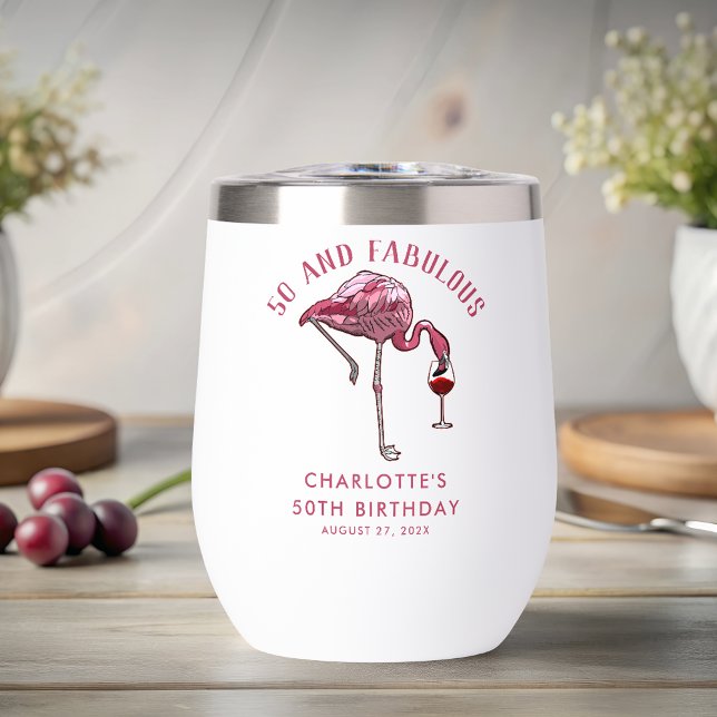 50 y fabuloso cumpleaños Flamingo Novedad Swag (50 and Fabulous Birthday Flamingo Novelty Swag Thermal Wine Tumbler)