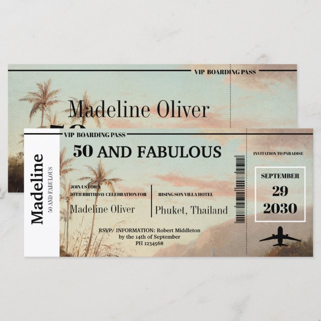 50 y fabuloso pase de embarque Cumpleaños tropical (Anverso / Reverso)