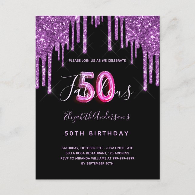 50 y fabuloso purpurina goteo invitación morada ne (Anverso)