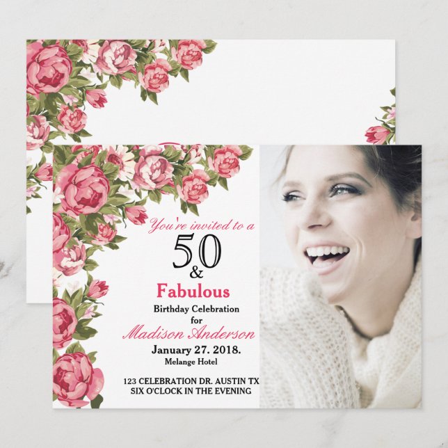 50 y Fabulous Floral | 50 invitaciones de cumpleañ (Anverso / Reverso)