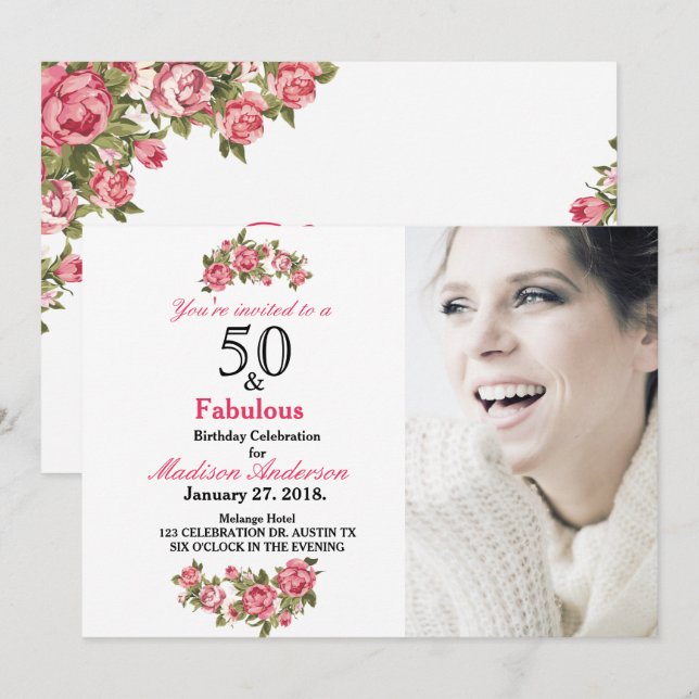 50 y Fabulous Floral | 50 invitaciones de cumpleañ (Anverso / Reverso)