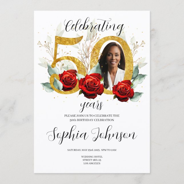 50th Birthday Invitation Photo Red Roses  (Anverso)
