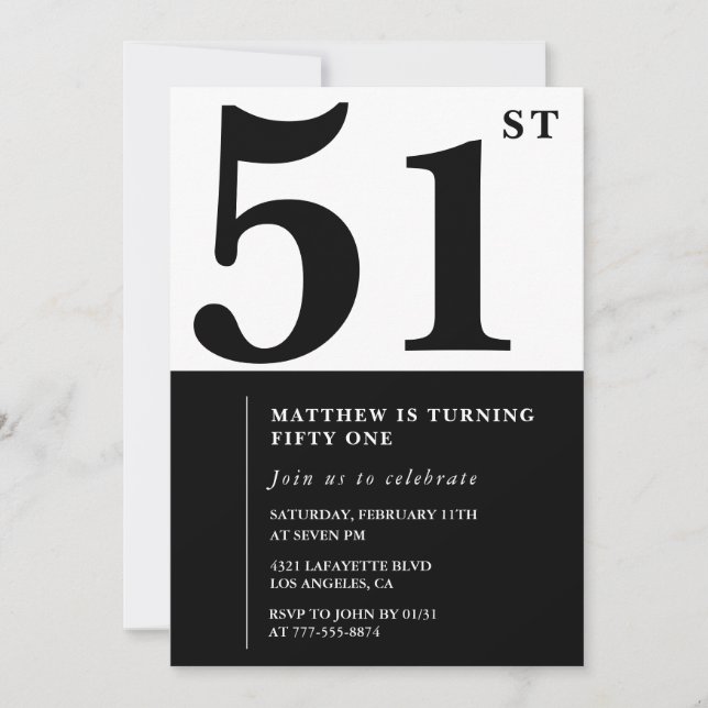 51 invitaciones de cumpleaños Black and White Eleg (Anverso)