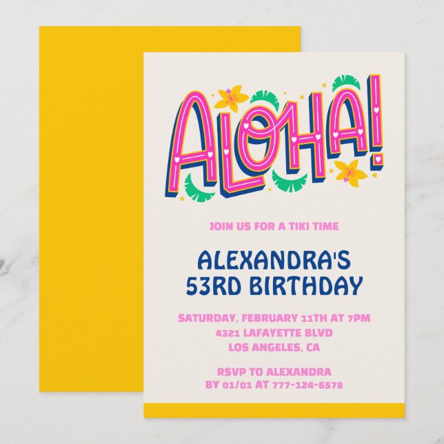 53 invitaciones de cumpleaños Tropical Aloha Hawai (Anverso / Reverso)