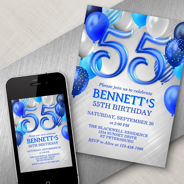 55.ª Invitación de cumpleaños azul para hombres (Subido por el creador)