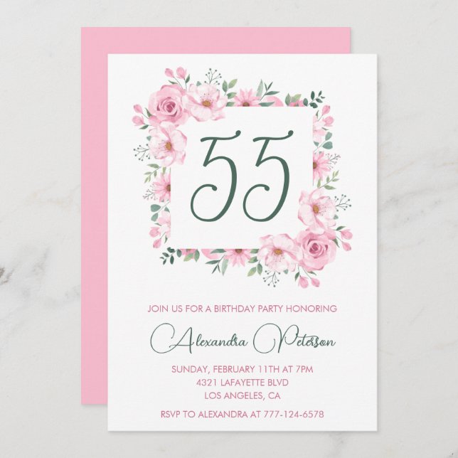 55 años invitaciones Floral Elegant Pink (Anverso / Reverso)