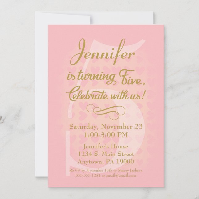 5.ª invitación a Chicas de cumpleaños Corazones de (Anverso)