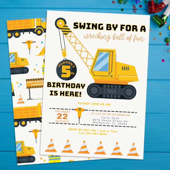 5.ª invitación a la grúa de construcción (Construction Vehicle Birthday Party)