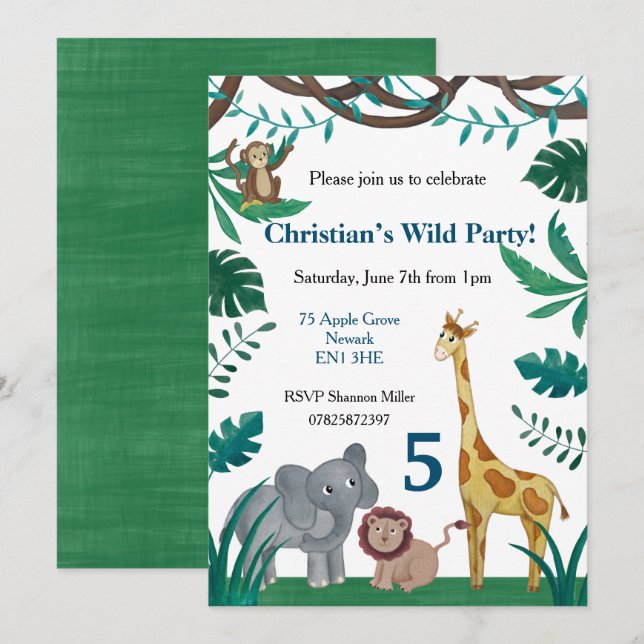 5.ª invitación a la jungla de cumpleaños (Anverso / Reverso)